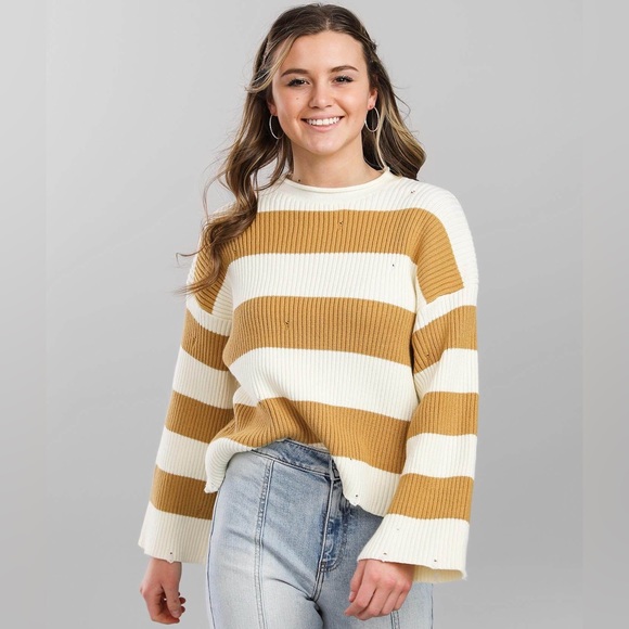 BKE Sweaters - BKE yellow striped knit distressed sweater NWOT Large